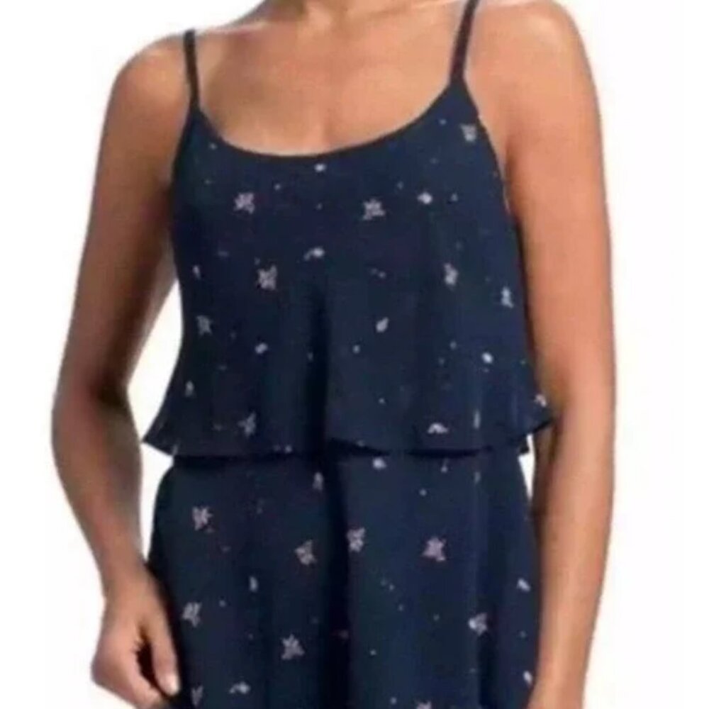 CABI #795 Navy Blue Floral Tiered Layered Blouse Tank Top Size Medium